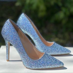 Qupid Shoes Milia Blue Glitter Heel Pump